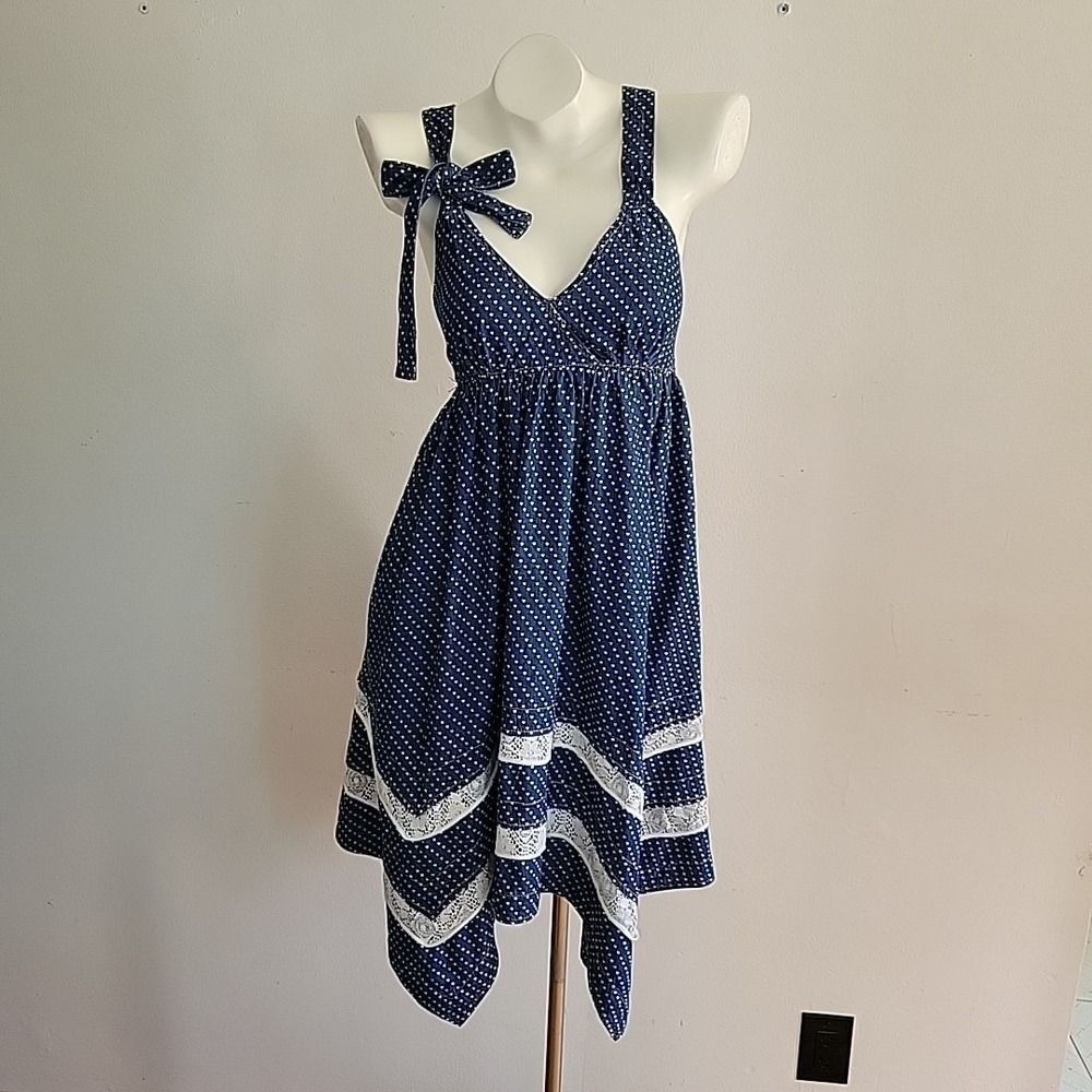 ONLY Hanki Hem Babydoll Dress Medium Navy Blue Polka Dot Lace Trim Cottagecore